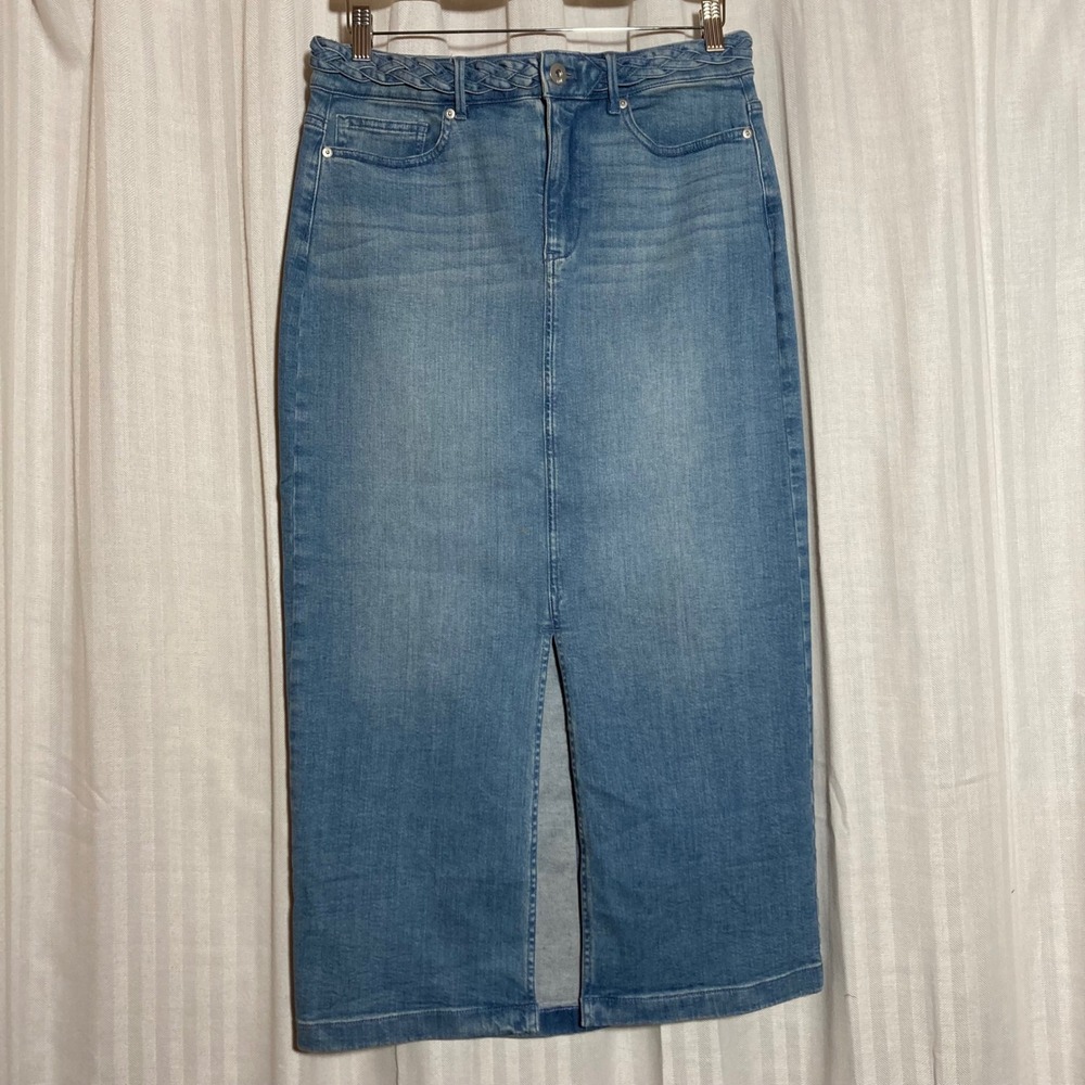 J.Jill Denim Braided Waist Maxi Skirt Medium Wash Blue 6 Tall Front Slit Western